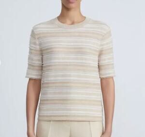 Lafayette 148 Cashmere Jacquard Fringed Short Sleeve Voile Stripe Sweater Top XS